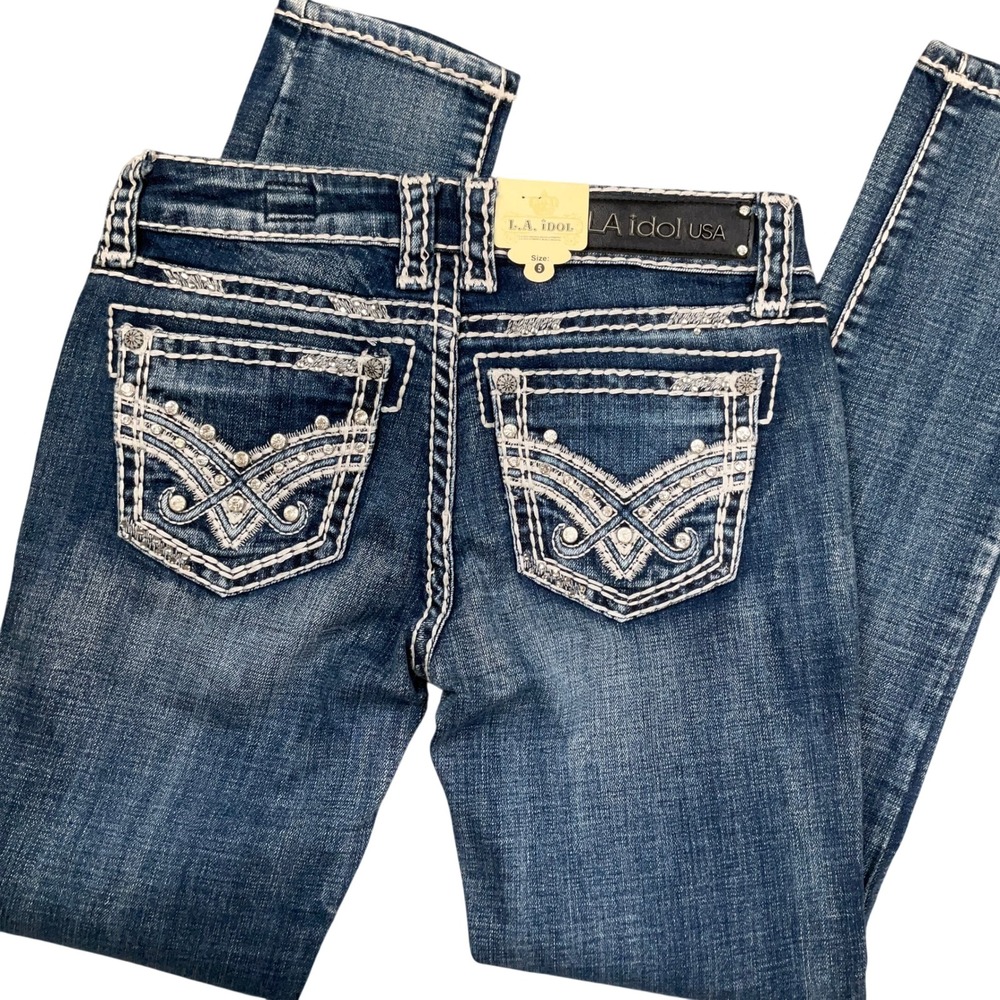 LA Idol Jeans Women 5 Blue Skinny Rhinestone Contrast Stitch Embellished Blingy